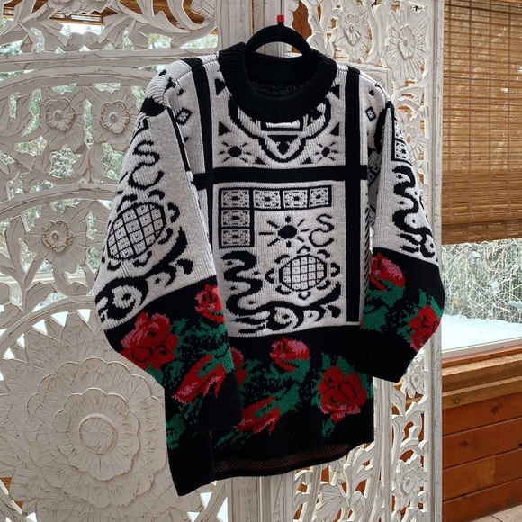 Funky 80s colorful unique rare and retro vintage floral zodiac knitted sweater - Picture 3 of 12